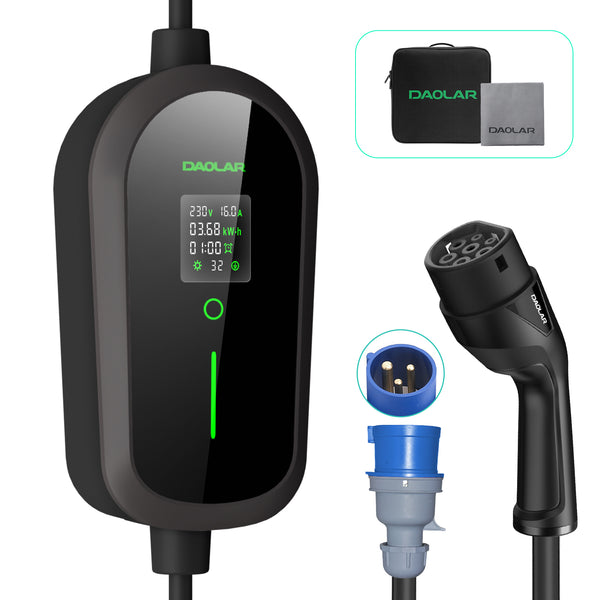 Cavo di ricarica per auto Daolar Mobile Mallbox da 7 KW, 3 pin CEE 32 A a tipo 2, caricabatterie per veicoli elettrici monofase da 32 A con ricarica programmata per modelli Y/3, ID.3/4/5, MG4, EX30, e-up, e-tron, Zoe, Q4, Gla ecc.